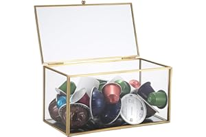 ELLDOO Gold Glass Coffee Pods Holder, Coffee Capsule Storage Box with Lid, Tea Bags Sugar Packets Storage Holder Kitchen Desktop Organizer Box, 21x11x11cm