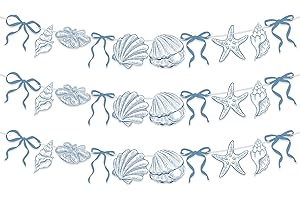 KINGZONE 3 PACK Summer Banner Seashells Decor Party Decorations Party Supplies Birthday Decor Decorations Blue Bow Starfish and Seashell Garland Ocean Coastal Nautical Beach for Women Men Baby Showre