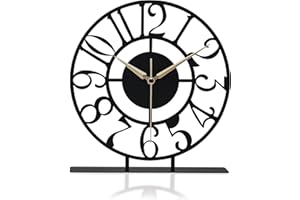 muyika Metal Table Clock | 8.9 x 9.5 inch Size Round Silent Running Metal Black Clocks | Living Room and Bedside Suitable Tab