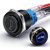 Twidec/16mm Horn Button Switch 12VSpeaker Horn Momentary Push Button Switch | 5/8" Mounting Hole Blue Led Light Black Stainless Steel Shell 1NO 1NC 20A SPDT with Pre-Wired for Marine Boat Auto Car Train