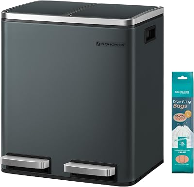 SONGMICS 2 x 15L Double Bin Pedal Waste Recycling Kitchen Bin Greenish Grey
