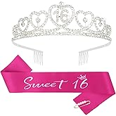 Amariver 16th Birthday Tiara and Sash - Silver Crown with Rhinestones for Girls' Sweet 16 Birthday Party