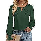 YZEGGO Womens Long Sleeve Tops Dressy Casual Keyhole Blouses Pleated Tops 2025 Trendy Basic Work Shirts