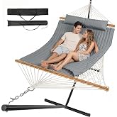 ANAGOO Hammock with Stand,Cotton Rope Hammock with Polyester, Gray | 10-Min No-Tool Assembly | 2 Carry Bags | Removable Pad &amp; Pillow | Camping Patio Poolside | Holds to 500 lb