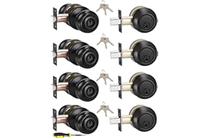（4 Sets） All Keyed Alike Entry Door Knobs and Single Cylinder Deadbolt Lock Combo Set, Security for Entrance and Front Door with Flat Ball Classic Matte Black Finish by Lanwandeng