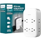 Philips Surge Protector Outlet Extender + USB Ports, 8 Outlet Wide-Spaced | Side &amp; Top Access, 3 Prong, 2 Prong, 2 USB-C, 1 USB-A, 1140 Joules, Multi Plug Wall Splitter, Power Tap, Adapter, Expander