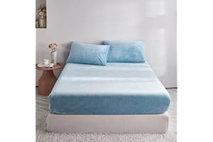 YASMENG Light Blue Plush Velvet Full Fitted Sheet Only,1 Pack Ultra Soft Shaggy Fleece Fitted Bottom Sheet with 16" Deep Pock