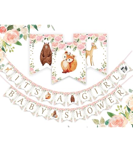 JOYMEMO Woodland Baby Shower Porch Sign Banner - Pink "Welcome" & "It's A Girl" Banner With Forest Animals - View #3