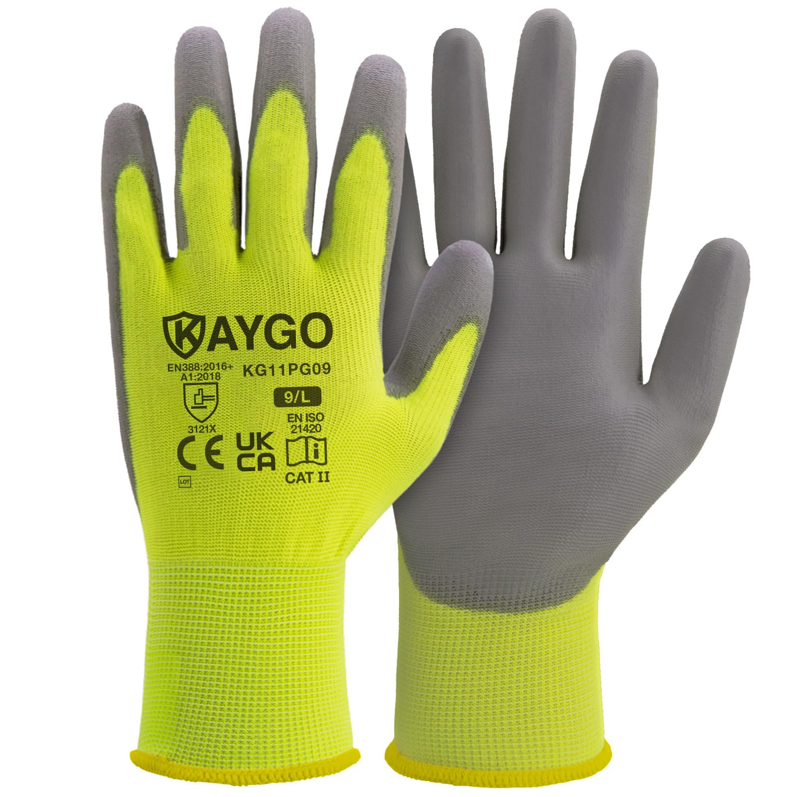 KAYGO Work Gloves PU Coated-12 Pairs, KG11PG, Safety Working Gloves with Secure Grip on Palm & Fingers, for Men and Women, Ideal for General Purpose Light Duty Work, Gardening (Large, Green) — image 1