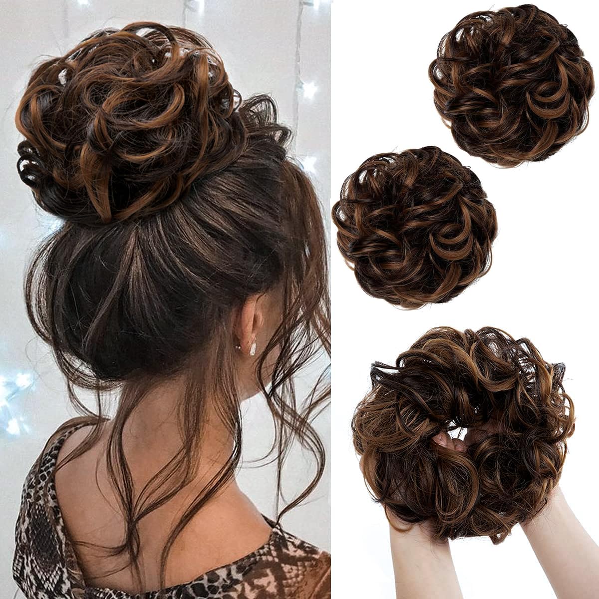 2PCS Messy Buns Extensions Curly Wavy Elastic Easy Scrunchies for Women Girls - Large Synthetic Donut Updo Hair Pieces Chignons - Natural Dark Brown With Highlights Blonde — image 1