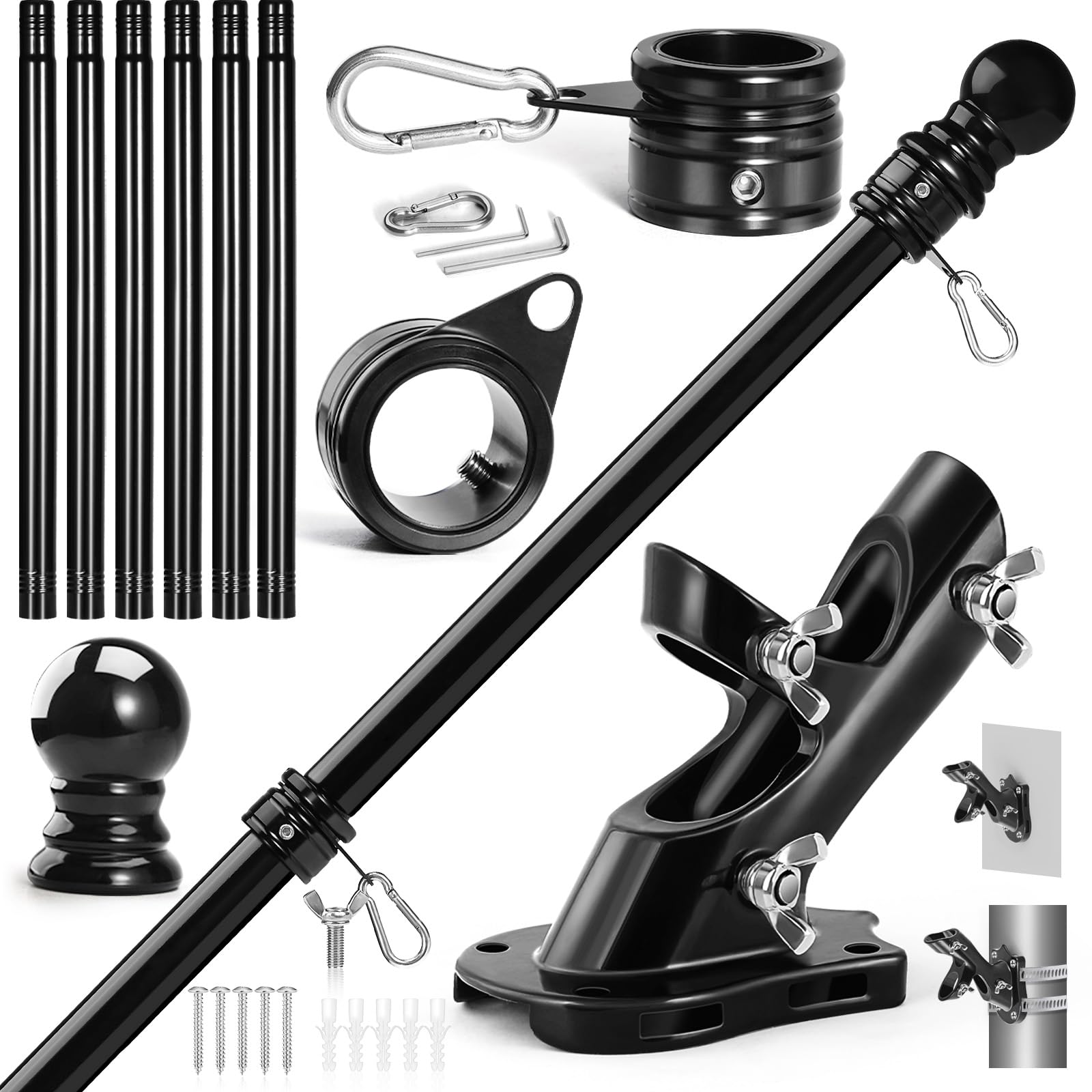 Photo 1 of Anovo Flag Pole Kit- Stainless Steel 7 FT Flag Poles with1 Inch Metal 360° Rotating Flag Pole Rings Clip, Two-Position Flag Pole Holder Brackets Mounting for Outside House Outdoor Porch (7 FT - Black)