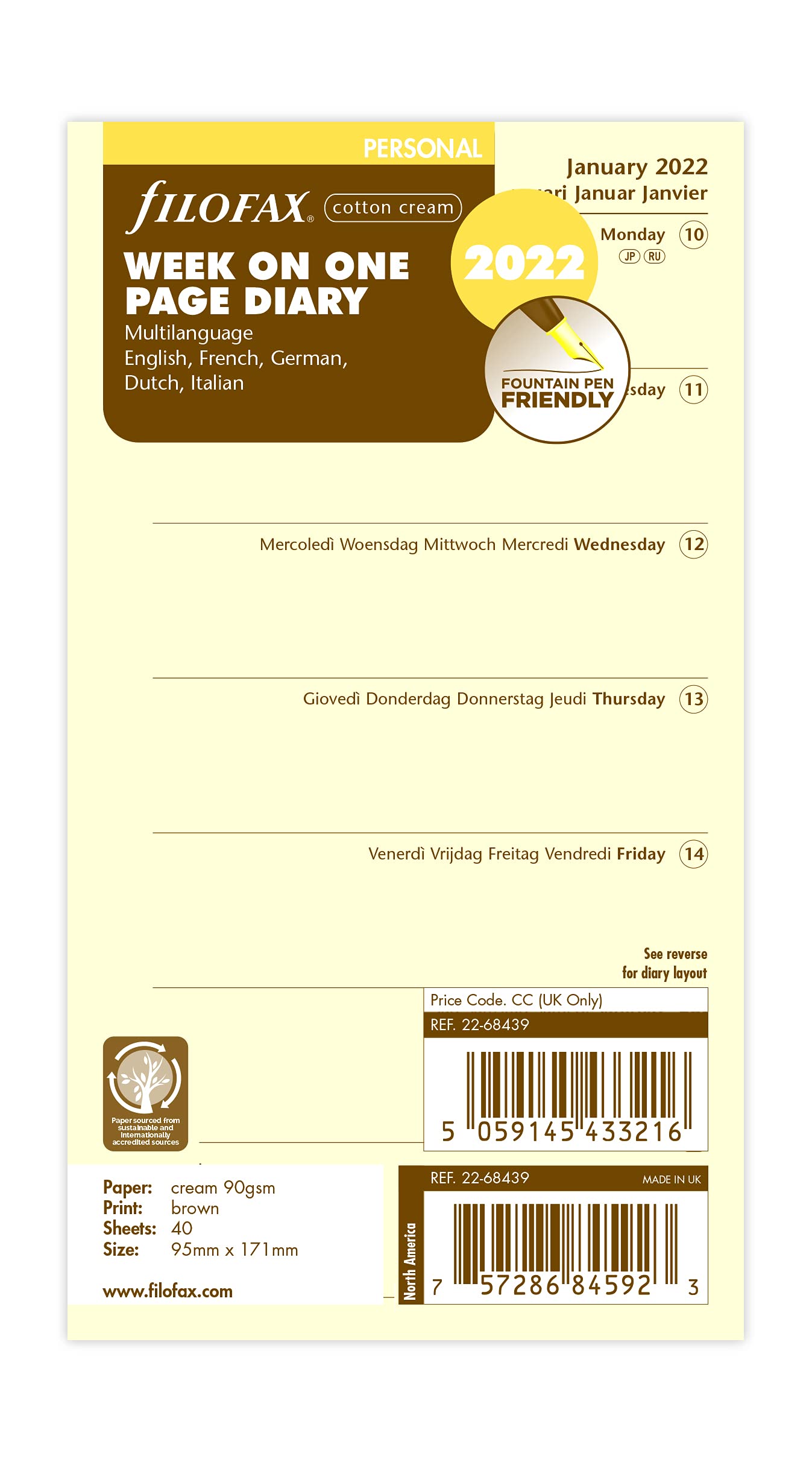 Filofax Personal Week per Page 5 Language Cotton Cream 2022 Diary