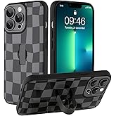 SOKAD for iPhone 13 Pro Case with Finger Strap Kickstand, Cute Checkered Checkerboard Phone Case with Finger Hand for Women Men, Slim Full Camera Protection Shockproof Case Cover, Black