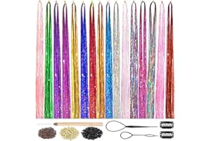 AMCHOICE Hair Tinsel Kit with Tools 16 Colors 8000 Strands Fairy Hair Tinsel Heat Resistant Sparkling Shiny Tinsel Hair Extensions 48 Inch Colorful Hair Tinsel strands Kit (48 Inch 3500strands, 16Colors)