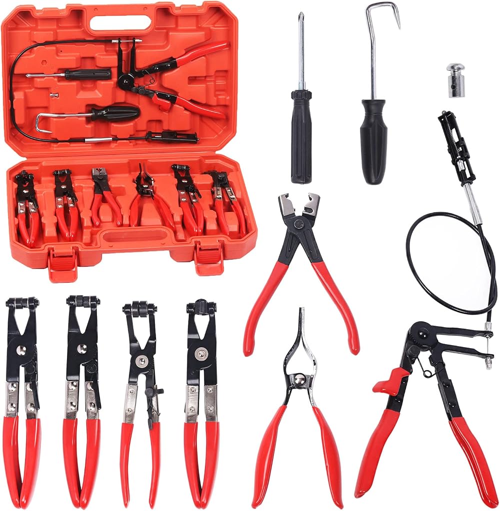 Glarks 9Pcs Red Flexible Hose Clamp Pliers Set Long Reach Remover Kit