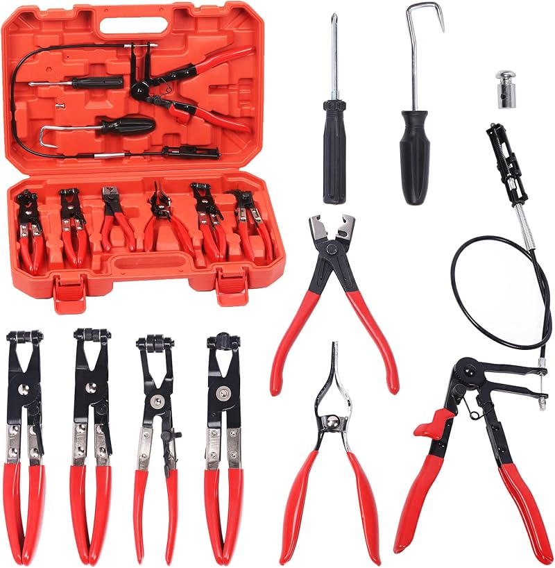 Glarks 9Pcs Red Flexible Hose Clamp Pliers Set Long Reach Remover Kit