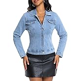 EZAPINE Women Cropped Denim Jacket Lapel Button Down Long Sleeve Slim Fitted Stretchy Short Jean Jacket with Pockets