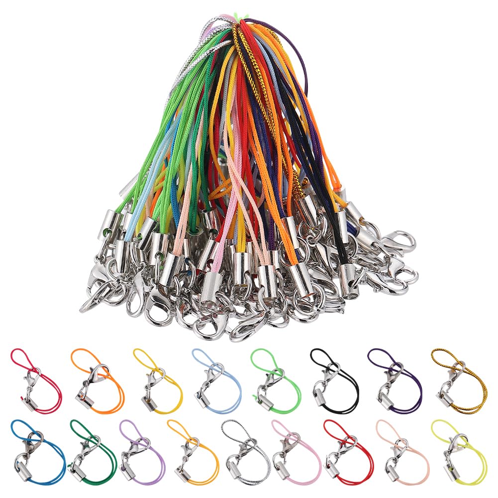 GORGECRAFT 100Pcs 17 Colors Hand Wrist Strap Lanyard Lobster Clasp Mobile Split Ring Straps Colorful Phone Charm Cords Silver Tone String for Cellphone USB Drive Keychain Trinkets DIY