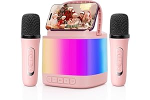 HWWR Mini Karaoke Machine for Kids, Portable Bluetooth Karaoke Speaker with 2 Wireless Microphones and Phone Holder, Popular Birthday Gifts for Girls Boys Age 3-14+, Singing Machine for Home Party