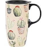 DUSVALLY Ceramic Tall Coffee Mug, Travel Mug with Lid for Office and Home, Unique Gifts for Women and Man, Color Box, 17 oz Large Cup, Cactus Designs