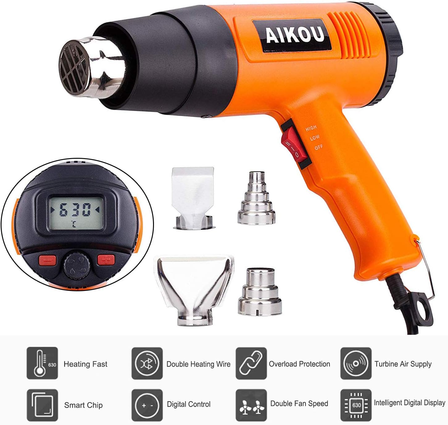 AIKOU Adjustable Temperature Hot Air Heat Gun with Rear Digital Display Fast Heating Blower Kits (Orange)
