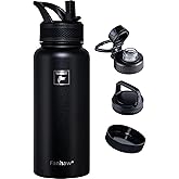 Fanhaw 32 oz Insulated Water Bottle – Portable Stainless Steel Flask with 3 Lids (Straw, Spout, Carabiner) | Leakproof, for Gym, Hiking, Work, Travel & Everyday Use (Black)