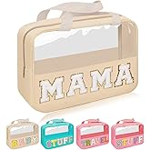Iqimott Chenille Letter Patch Mama Bag, Preppy Clear Makeup Cosmetic Bag Large Toiletry Storage Tote Bag with Handle, Transparent Nylon Waterproof Organizer Zipper Pouch for Travel Women Girls(Beige)