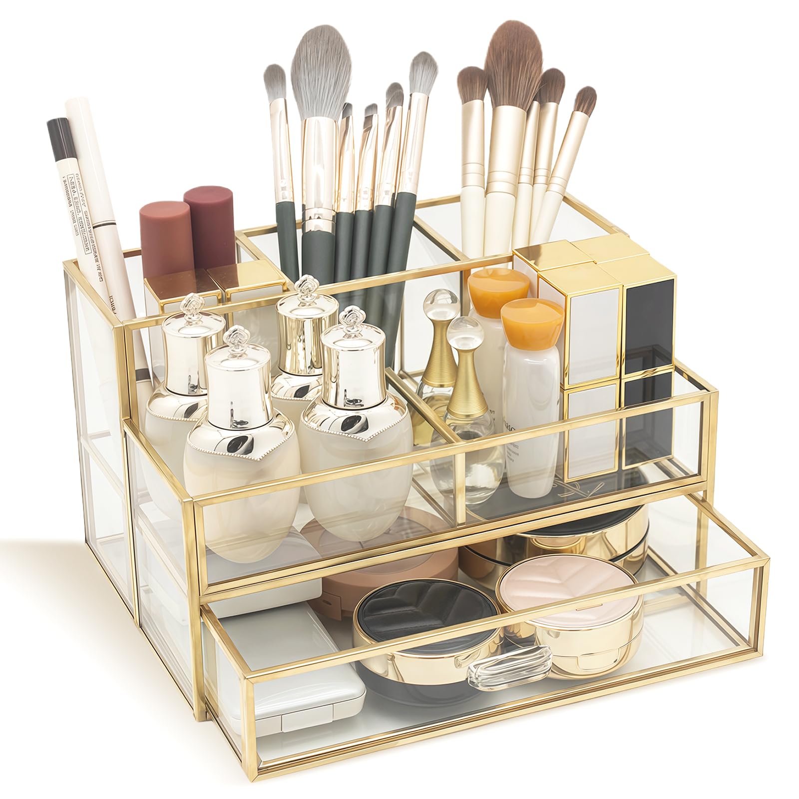 HARLIANGXY Cosmetic Organiser with Drawers, Makeup Organiser Gold, Makeup Brush Holder Glass, Vanity Storage Box, Beauty Box for Bedroom Bathroom