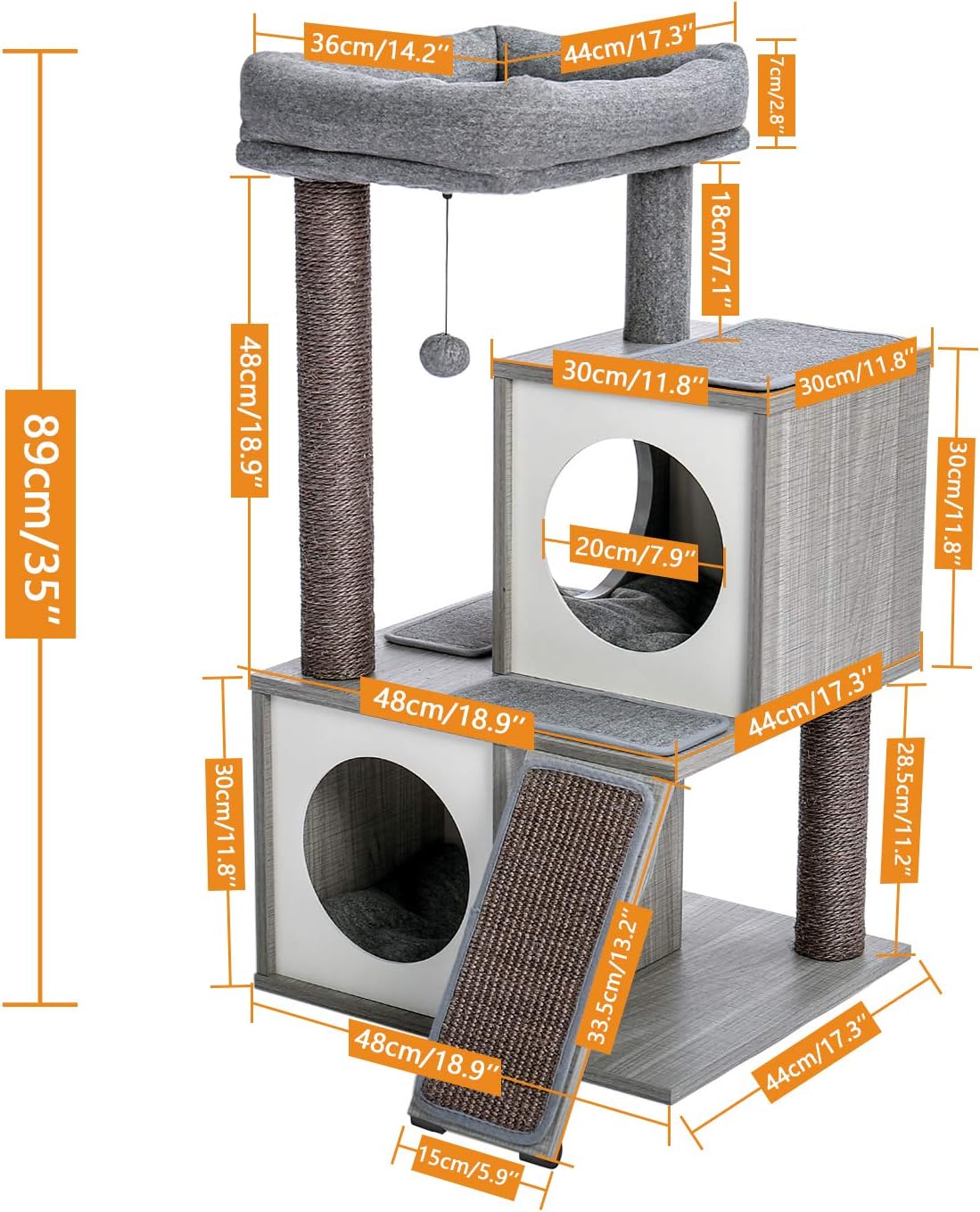 PAWZ Road Cat Tree Luxury Cat Tower with Double Condos, Spacious Perch, Fully Wrapped Scratching Sisal Posts and Replaceable Dangling Balls- Wooden Grey : Pet Supplies