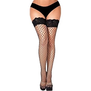VOAKOW Medium Mesh Fishnet Thigh High Stockings Silicone Lace Top Thigh High Fishnet Stockings