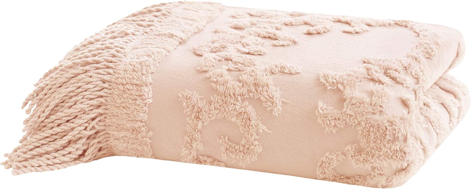 Madison Park Chloe 100% Cotton Tufted Chenille Design With Fringe Tassel Luxury Elegant Chic Throw Blanket For Couch, Bed, 50X60 Inches, Blush: Home & Kitchen