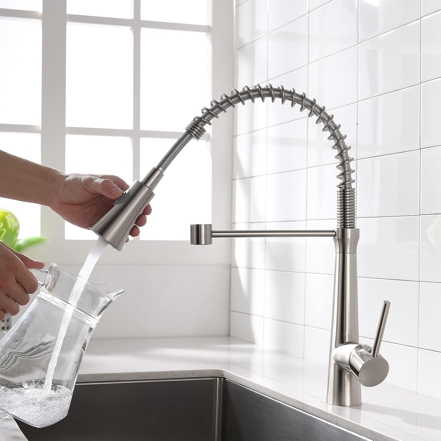 WANMAI Kitchen Faucets with Pull Down Sprayer Single Handle High Arc Kitchen Sink Faucet, Brushed Nickel Kitchen Faucet - - 