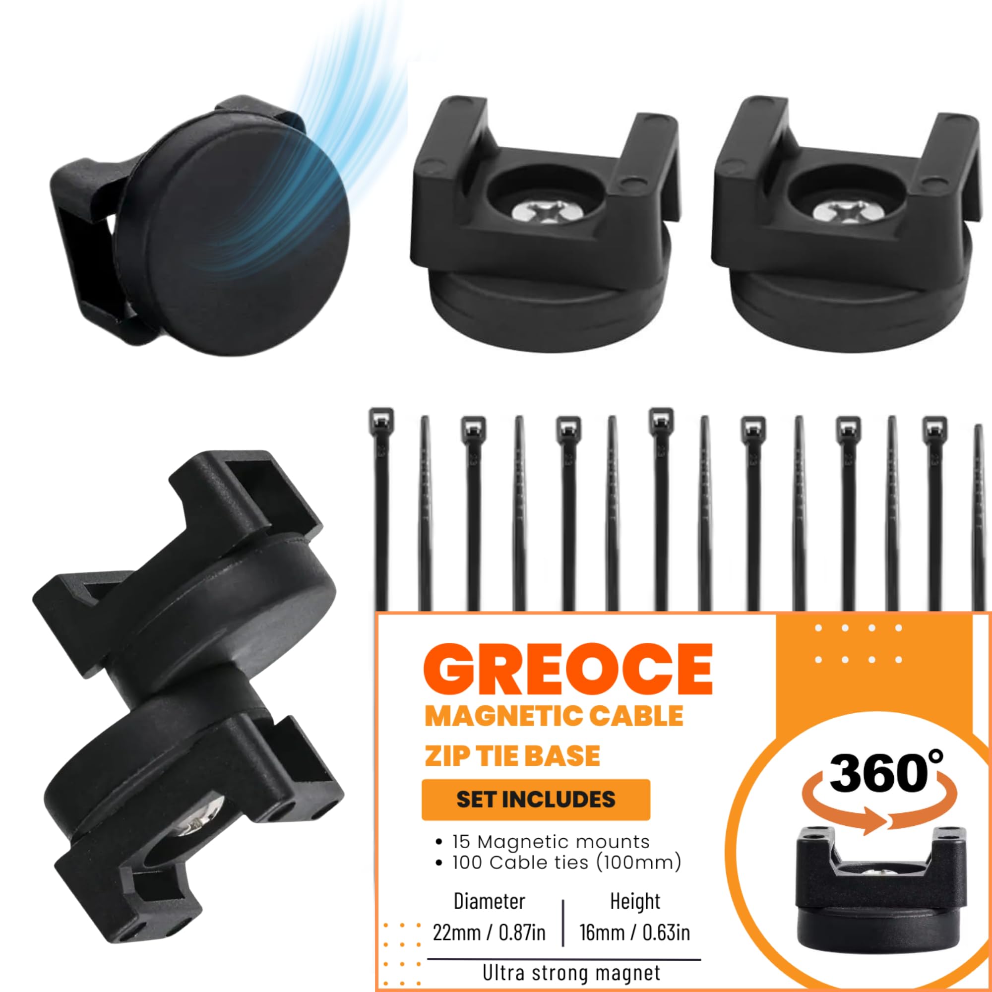 Photo 1 of 15Pcs (+100 pcs zip ties) Magnetic Cable Clips Zip Tie Mount Base, Cable Ties Holder, Multipurpose Wire Cable Holder for Magnetic Cable Management, Electrical Organization Supplies for Wire (BLACK15)