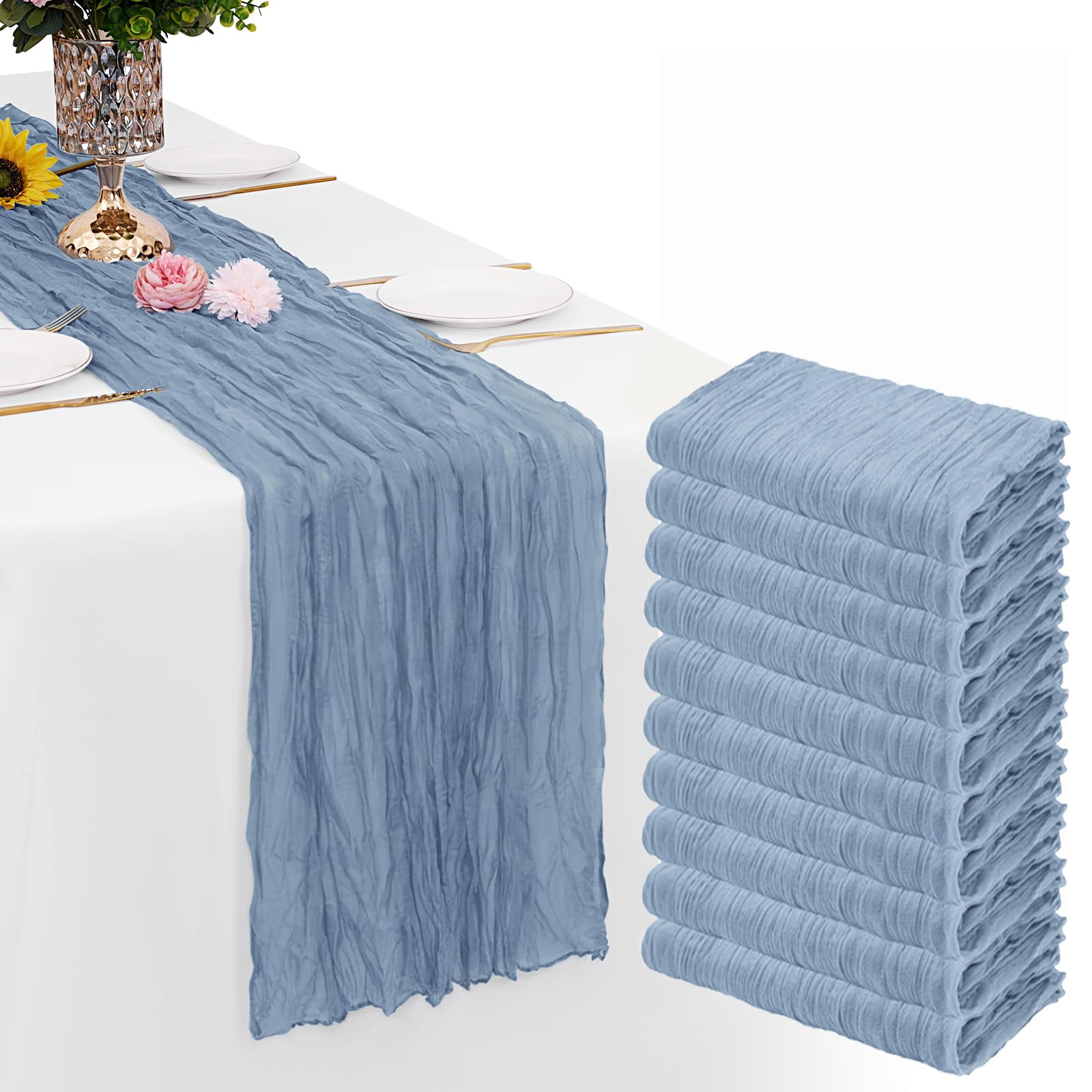 Photo 1 of 10 Pack Dusty Blue Cheesecloth Table Runner Gauze Rustic Sheer 35 x 70 inch Dusty Blue Cheese Cloth Table Runners for Wedding Party Bridal Shower Decor
