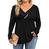 Yousify Womens Plus Size Long Sleeve Tunic Tops Dressy Casual Pleated V Neck Fall Blouses Curvy Loose Fit Shirts