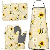 DYCBNESS Oven Mitts and Pot Holders with Apron Set of 5 Silicone Kitchen Mitts Apron Pot Holder Set Oven Gloves Hot Holders