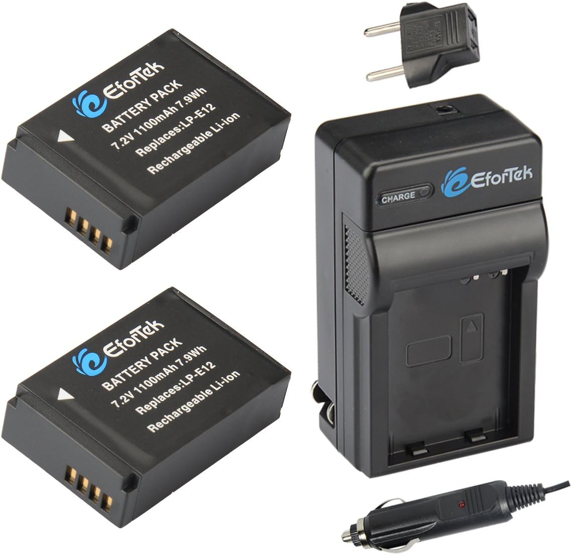 EforTek LP-E12 Replacement Battery (2-Pack) and Charger kit for Canon LP-E12 and Canon EOS M, EOS Rebel SL1, EOS 100D