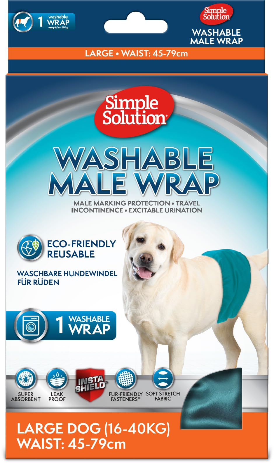 Simple Solution Washable, Re-Usable Absorbent Male Wraps with Leak Proof Fit for Excitable Urination, Incontinence, or Male Marking - 1x Large Diaper