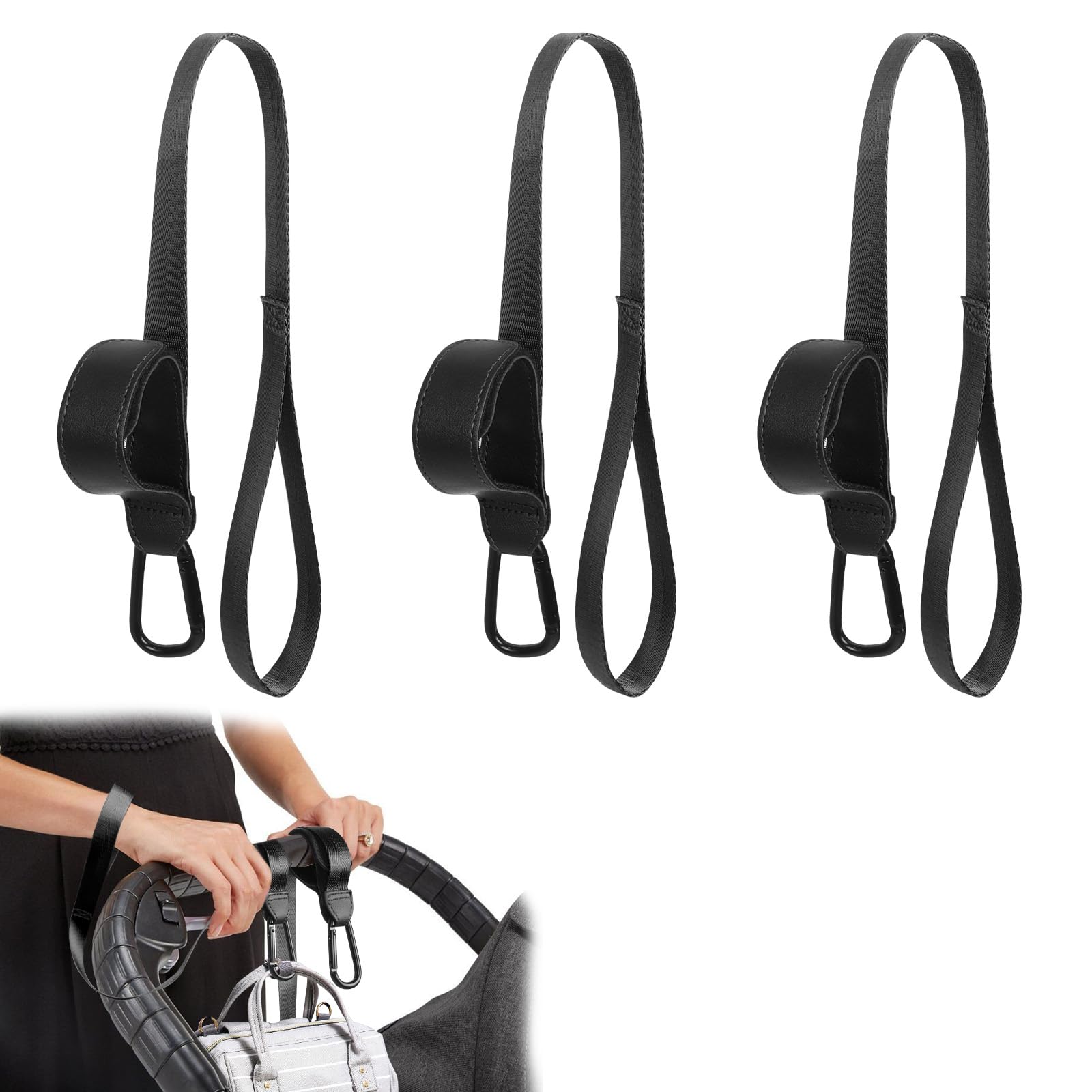 Kaket Leather Pushchair Hooks 3PCS, Buggy Clips for Handbags, Stroller Hook Clips with Anti-Slip Rope (Black)
