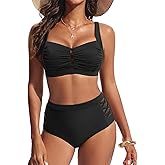 Hanna Nikole Women's Bikini Sets High Waisted, 2 Piece Bathing Suit Tummy Control, Push Up Cutout Ruched Swimsuit Beachwear