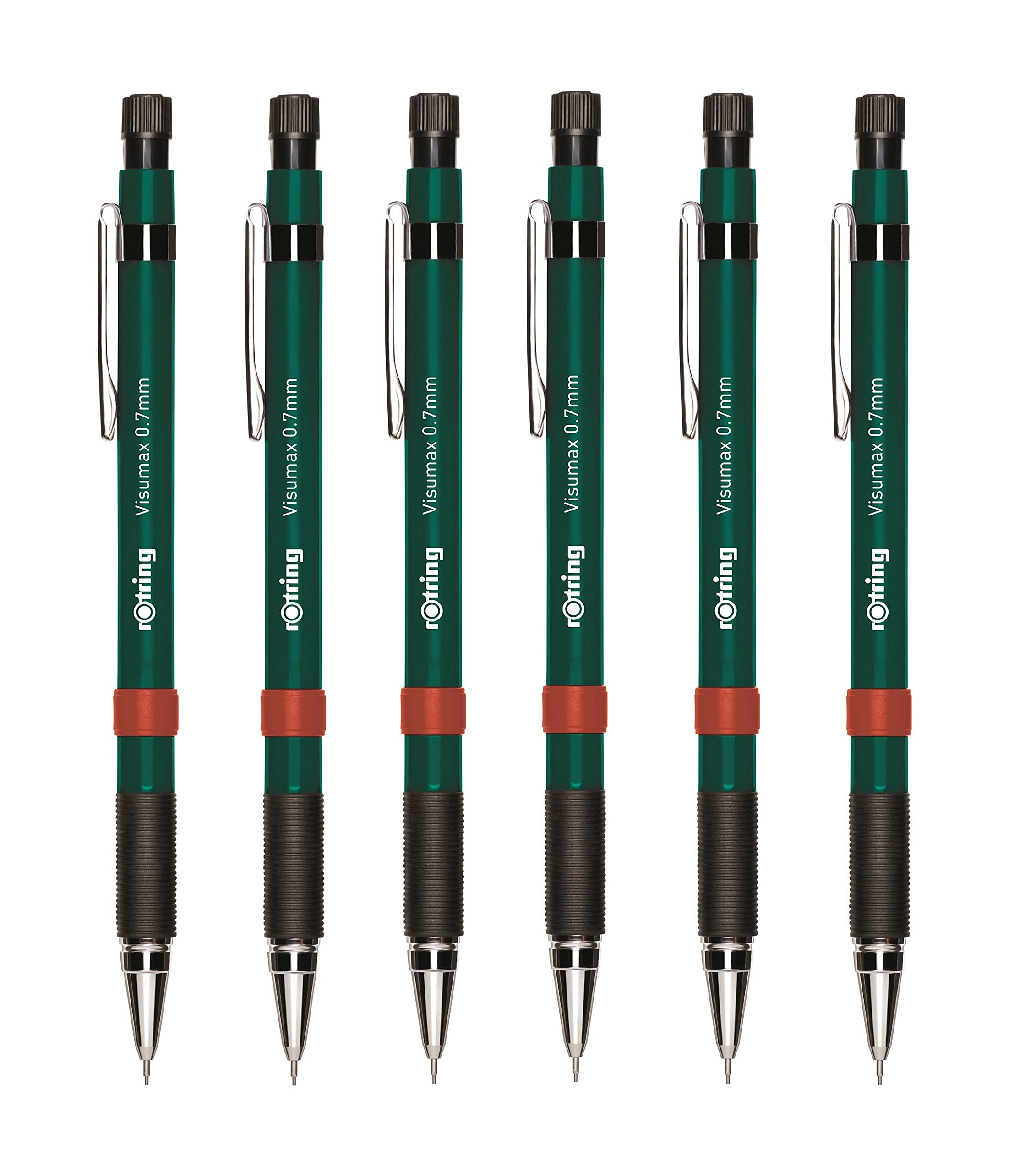 rOtring Visumax Mechanical Pencils - 0.7mm - Pack of 6 - Refillable - Twist Out Eraser - Rubber Grip (Dark Green Barrels)