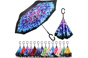 LLanxiry Inverted Umbrella, Windproof Reverse Umbrella with C‑Shaped Handle, Self-Standing, Double‑Layer Canopy for Car, Travel & Everyday Use