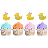 24PCS Duck Gender Reveal Cupcake Toppers, Duck Birthday Party Cupcake Toppers, Rubber Duck Dessert Picks, Baby Shower Party Decoration - Gold Glitter