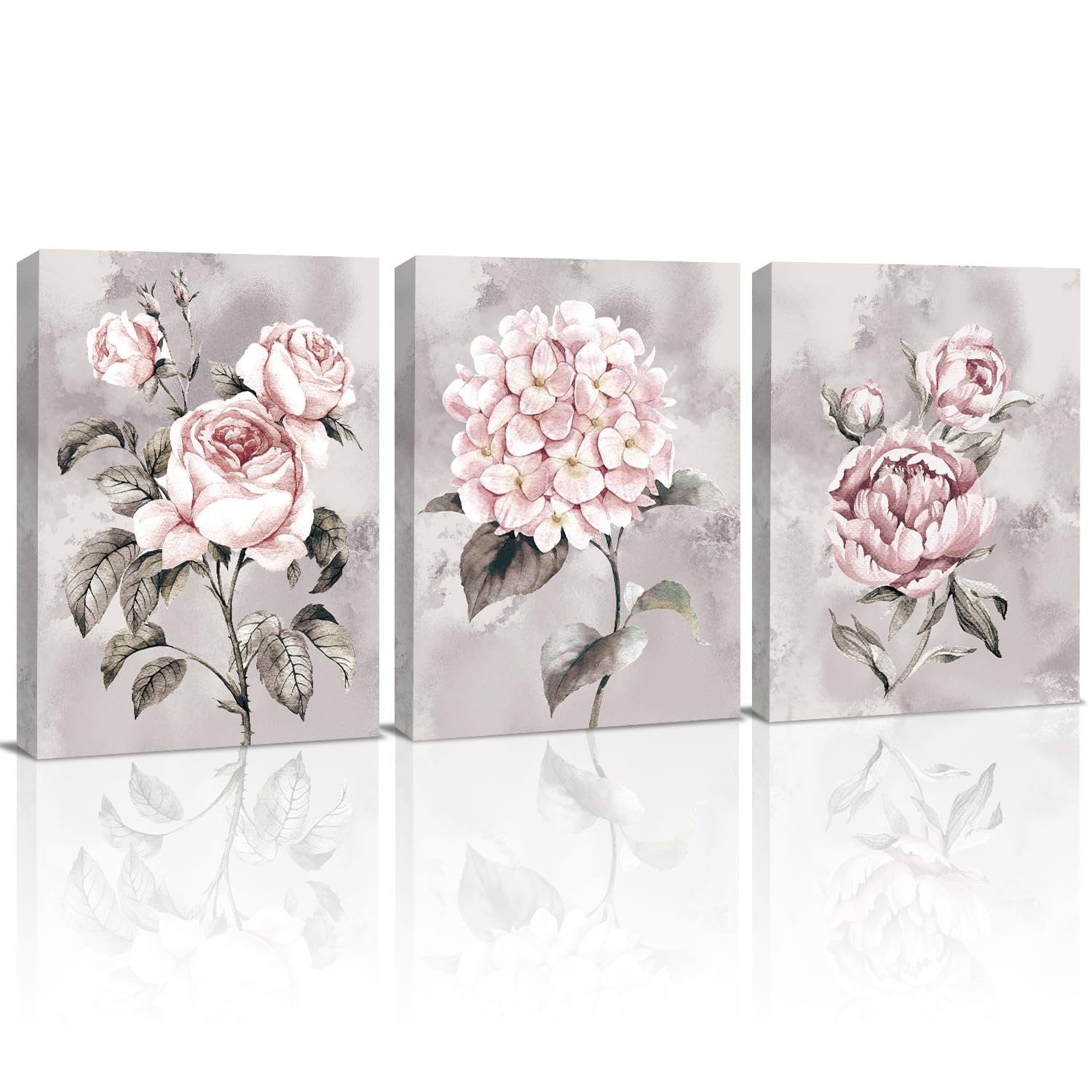 KAIRNE 3er Grey Pink Wall Art,Rose Flowers Canvas Prints,Ready to Hang Pink Artwork Floral Painting(11.8”X15.6,Framed),Modern Romantic Poster for Women Girl Bedroom Bathroom Living Room Decor — image 1