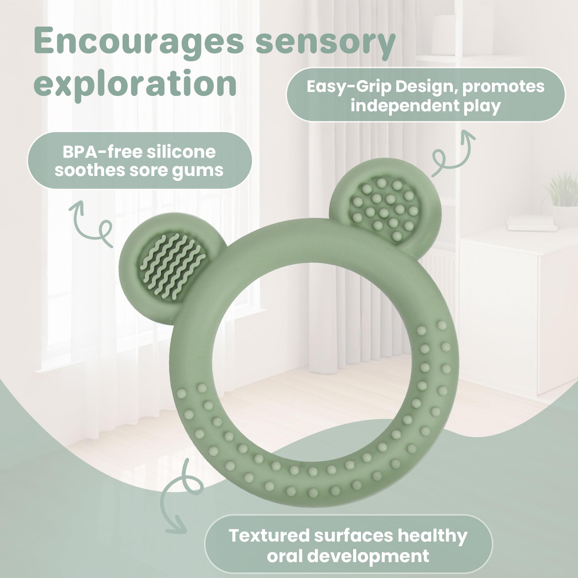 Eascrozn Baby Teething Toys Set of 3, Teethers for Babies 3-6 6-12 Months, BPA Free Soft and Textured Bear Teething Rings Silicone Teething Relief Soothing Sore Gums Baby Chew Toys