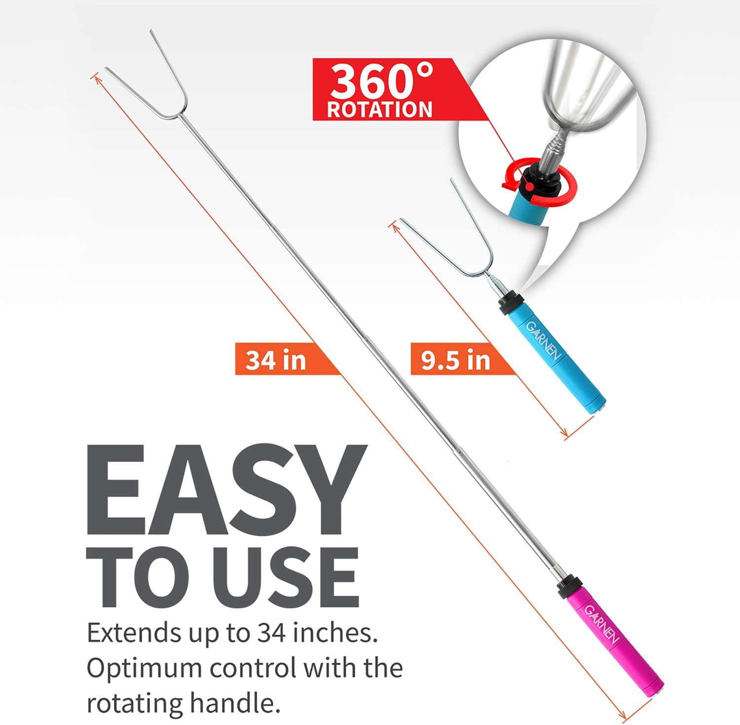 Garnen BBQ Marshmallow Roasting Smores Sticks with Pouch (8 Packs), 34 inch Extendable Rotating Stainless Steel Skewer Fork with Plastic Handle for Kids Camping Grill Campfire Firepit: Computers & Accessories