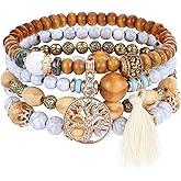 Shimmeroo Tree of Life Bracelet for Women,4PCS Bohemian Stretch Beaded Bracelets Set, Wooden Beads Stackable Bracelets Boho Tassel Multilayer Jewelry Gifts