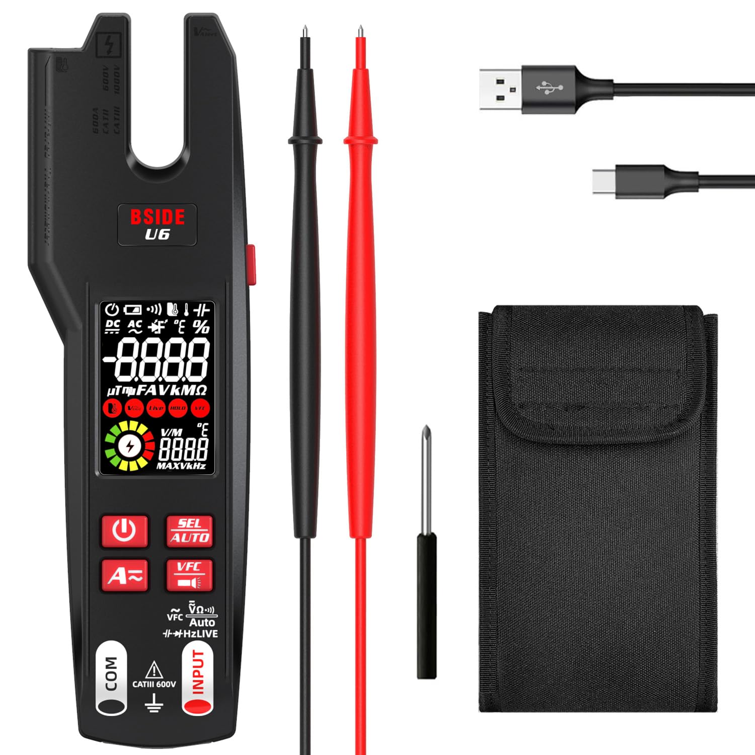 BSIDE Digital Clamp Meter 9999 Counts 600A Open Jaw Electrical Tester Infrared Thermometer TRMS Multimeter 3 in 1 Colour LCD AC DC Current/Voltage VFD Capacitance Ohm Hz Diode Tester Rechargeable