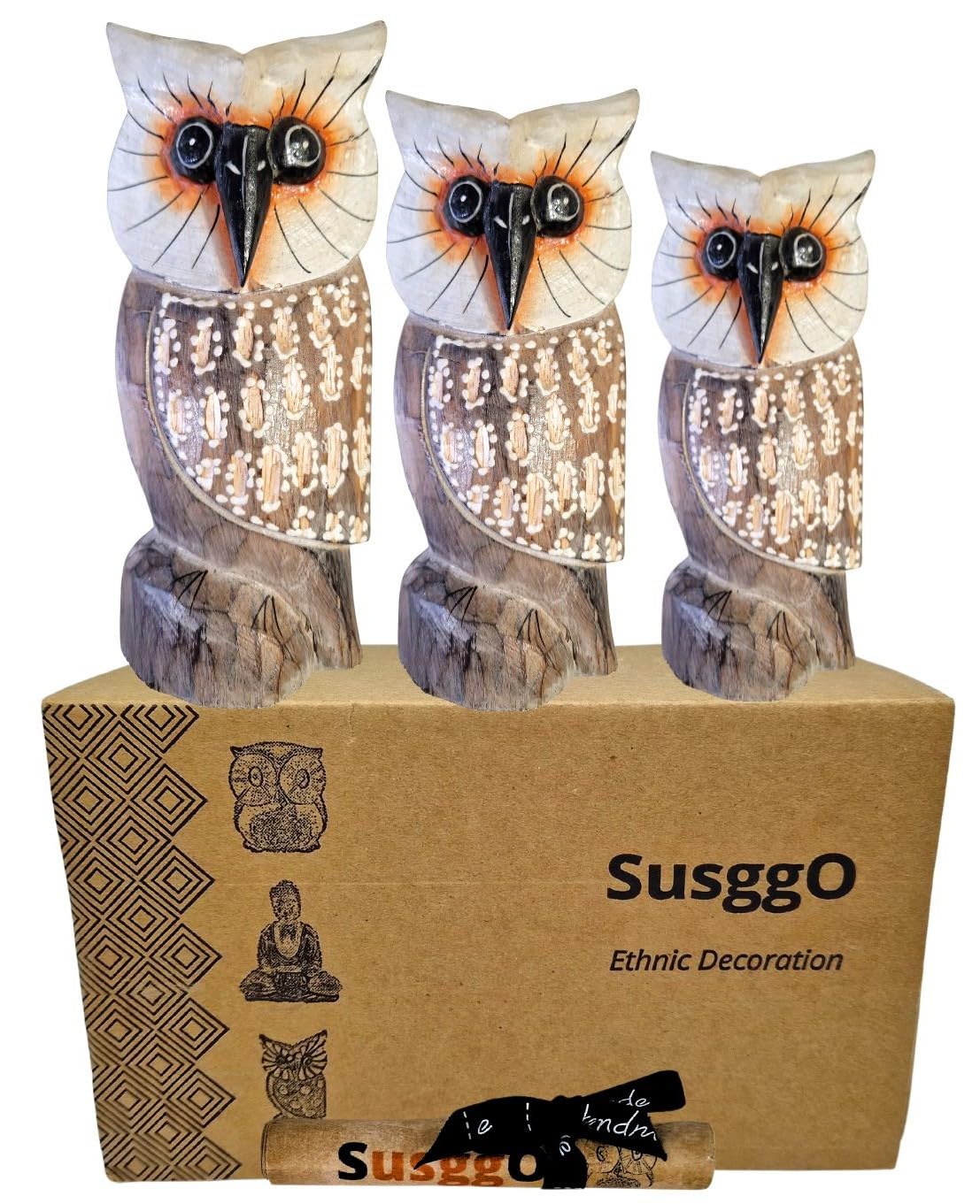 SusggO Set of 3 Wooden Animals, Lucky Owl, Lucky Cat, Turtle, Fish Decoration, Hand Carved, Crafts, Furniture Ornament (3 Owls White Dots Mod 1 BABLPT1)