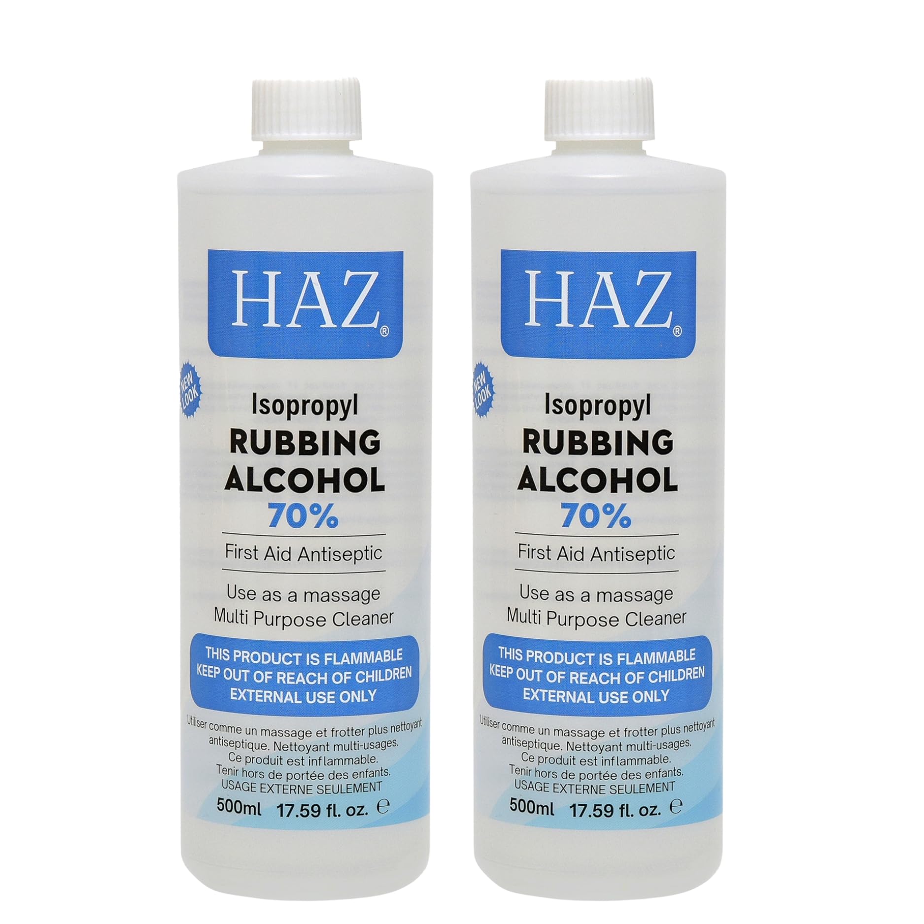 HAZ Isopropyl 70% Rubbing Alcohol 500 ml, 2 Pack First Aid Antiseptic Cleanser & Cleaning, Lab Grade IPA Isopropanol Disinfectant for Household Multipurpose Cleaner and Degreaser